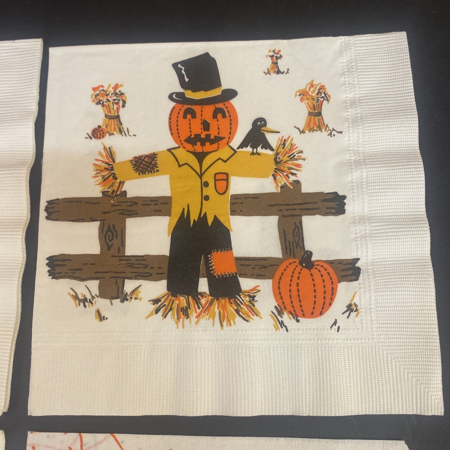 Vintage HALLOWEEN White PAPER NAPKIN Lot of 4 Pumpkins, Ghosts, Scarecrows, Bats