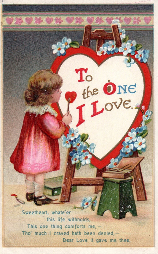 To The One I Love Little Girl Painting Canvas Vintage Valentine Postcard