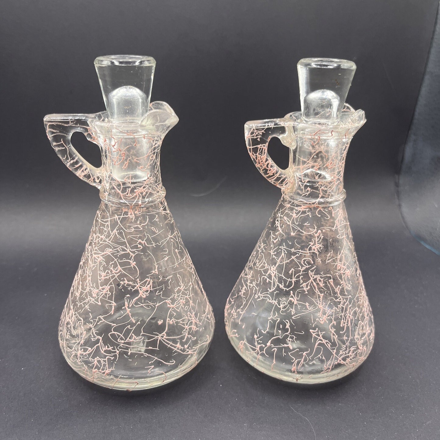 Rare 1950's Heisey Spider Web Pink Oil & Vinegar Bottles