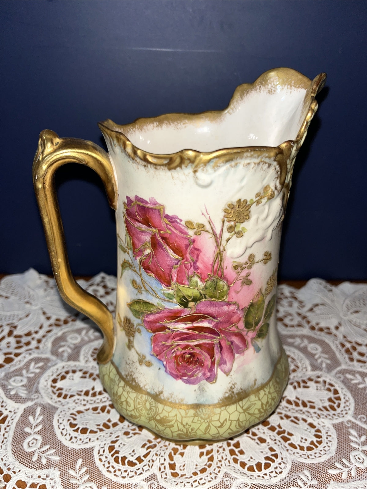 Adderleys England Hand Painted Gold Gilt Floral BOLD Roses Pitcher 7”