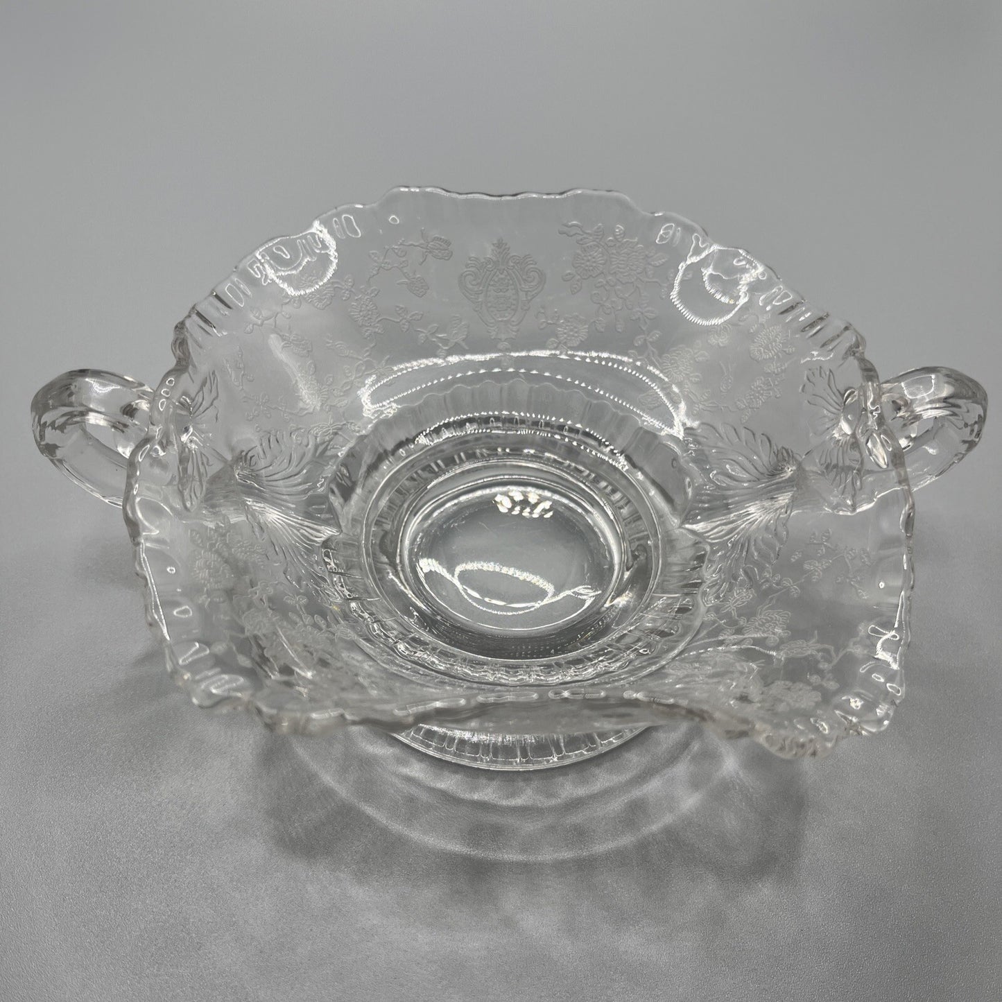 VINTAGE CAMBRIDGE GLASS ROSE POINT ETCH CANDY DISH ELEGANT