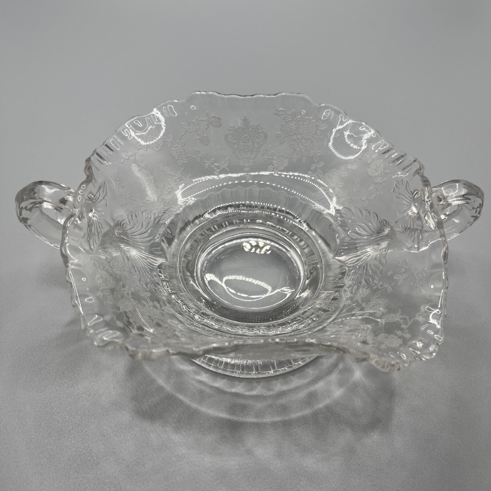 VINTAGE CAMBRIDGE GLASS ROSE POINT ETCH CANDY DISH ELEGANT