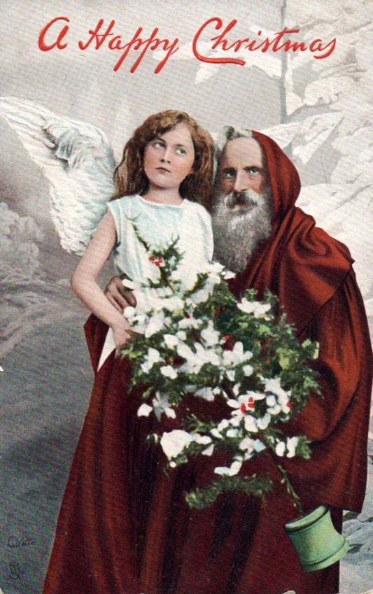 A Happy Christmas Red Robe Santa with Angel Child on Lap Vintage Santa Postcard