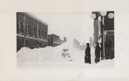 Real Photo Pearl Street Deep Snow Buried Car Ishpeming Michigan MI Mich Postcard