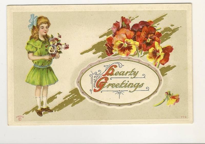 P Sander Children Girl Green Dress Holding Flowers Pansy Greetings 779 Postcard