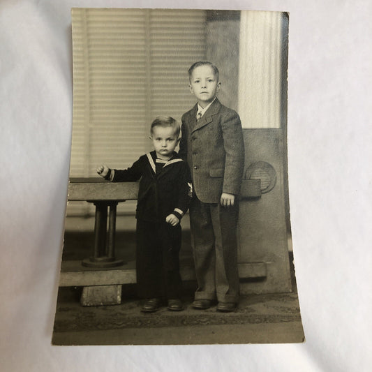 Real Photo 4" x 6" Two Adorable Little Boys Standing together Sailor Suit 