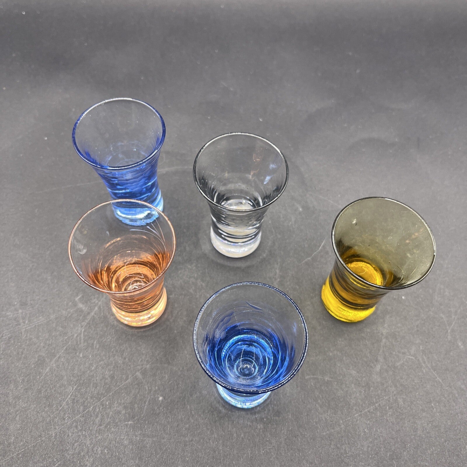 Barware VTG Shot Glass Set Of 5 Pastel Colored Bottoms Multi Color. 3.5" Tall