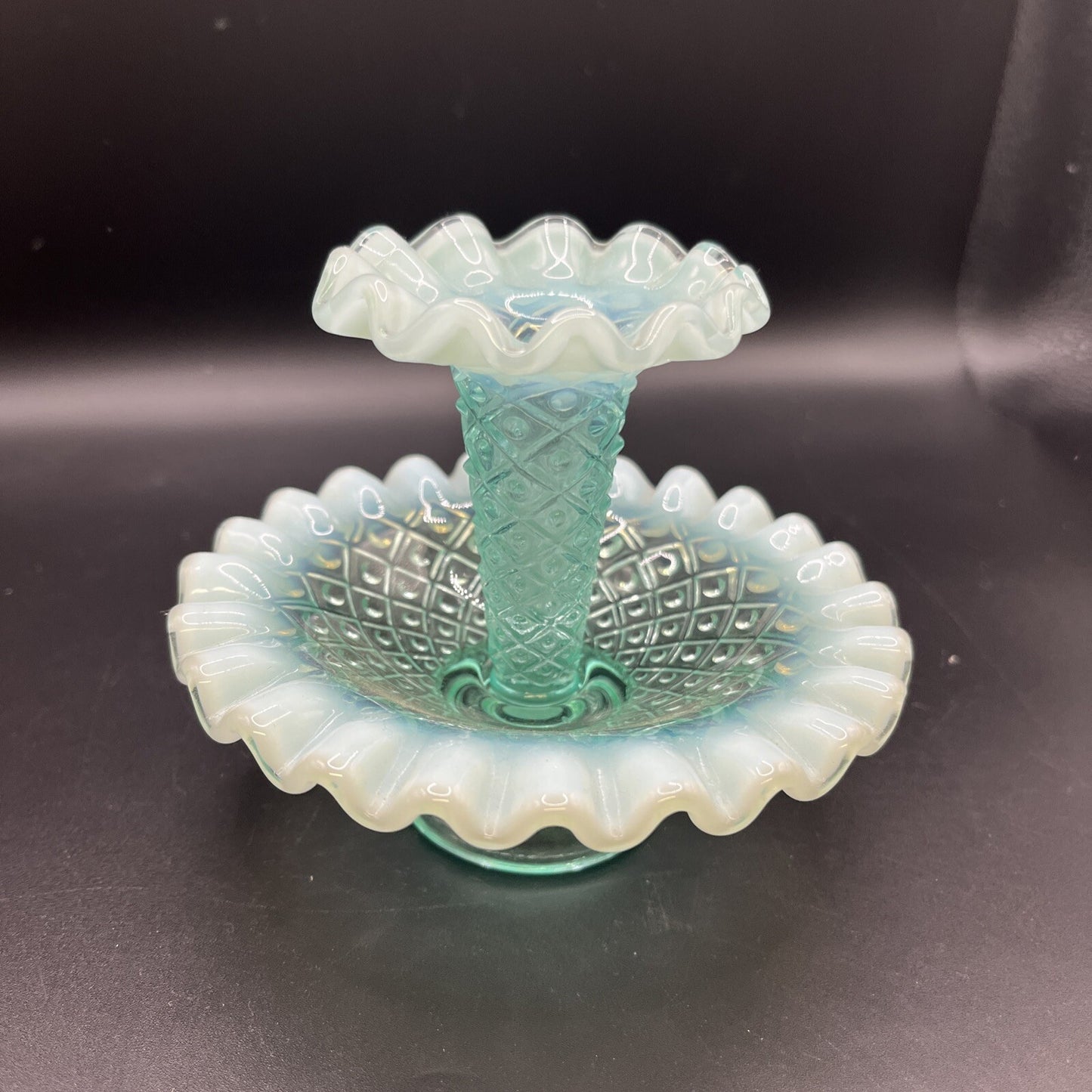 Vintage Fenton Blue/green  Opalescent Epergne Vase 1940s Hobnail Horned Vase