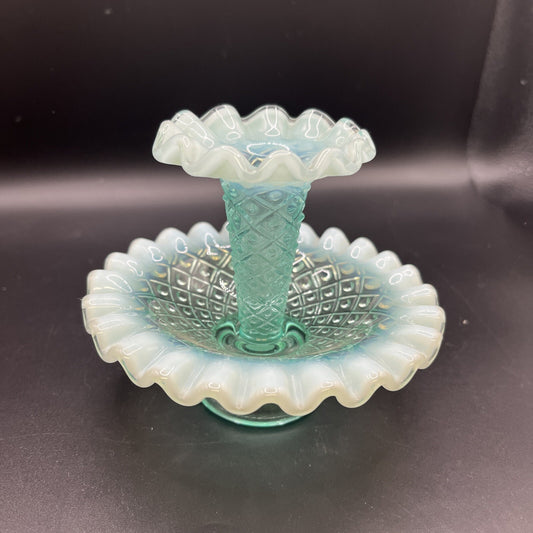 Vintage Fenton Blue/green  Opalescent Epergne Vase 1940s Hobnail Horned Vase