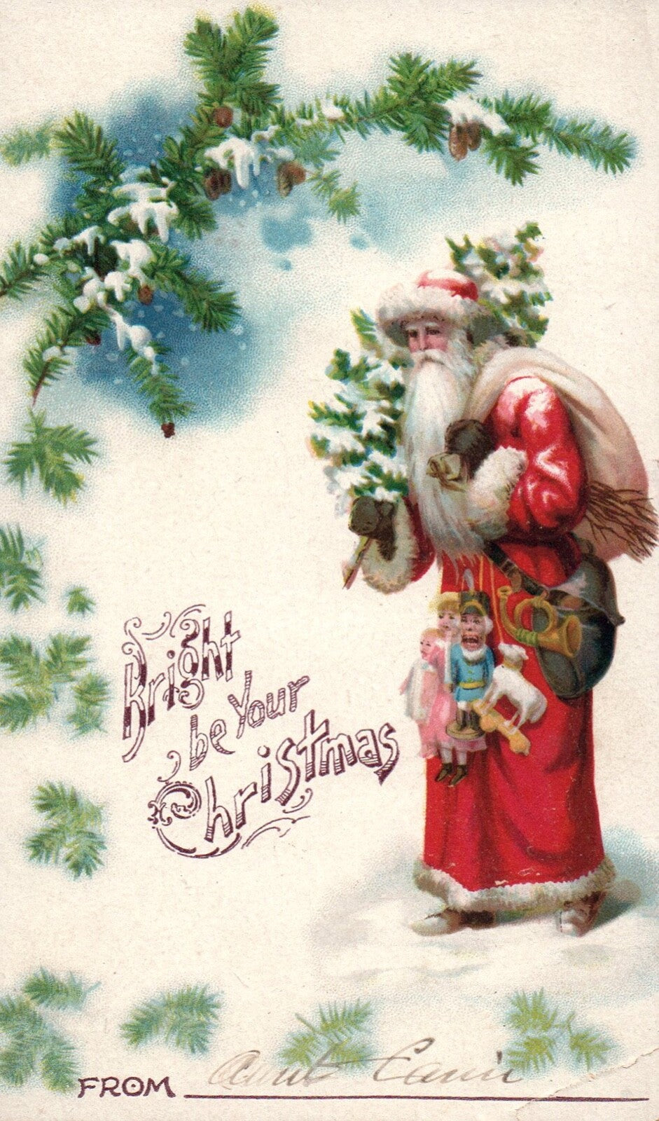 Bright Be Your Christmas Santa Walking With Toys Vintage Santa Postcard