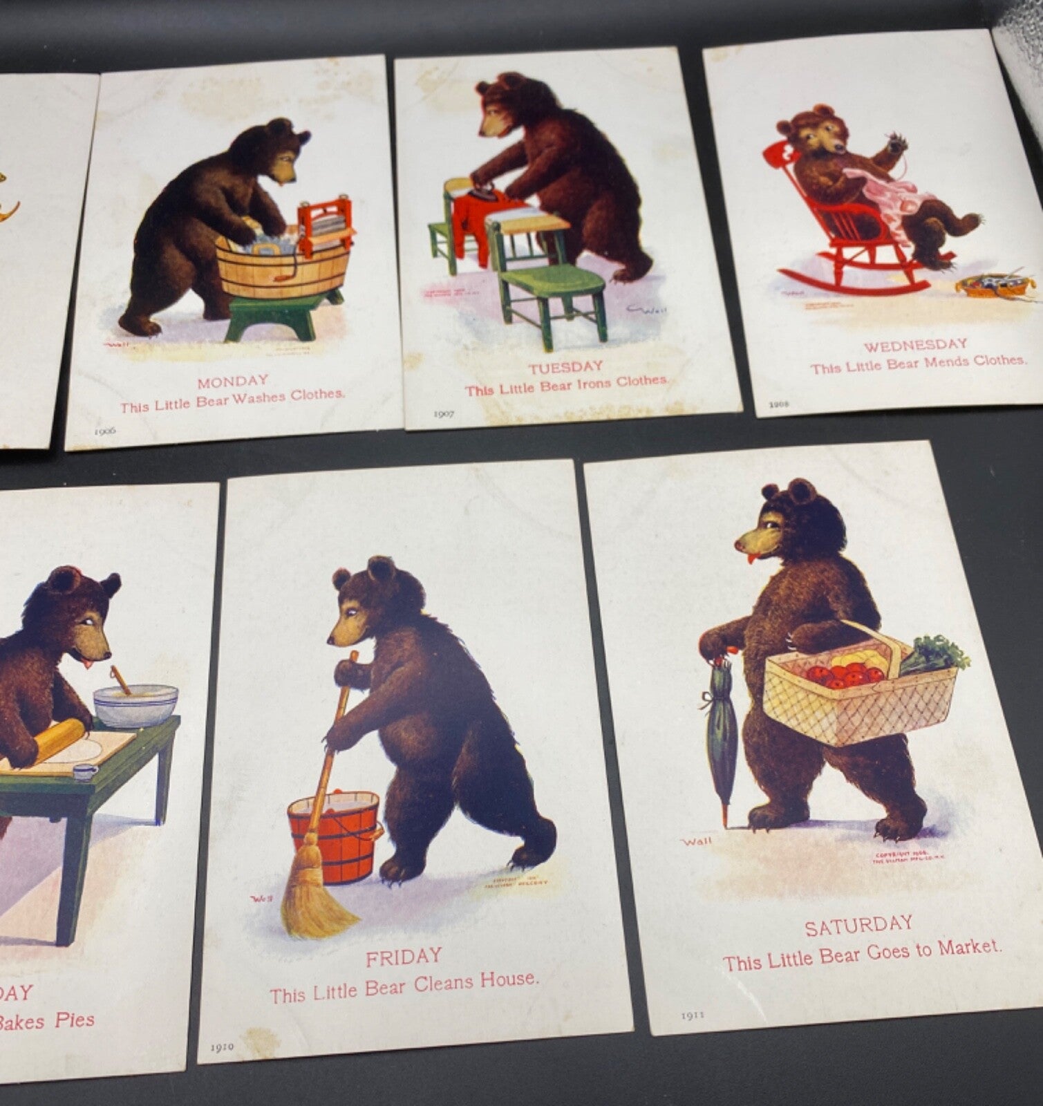 This Little Bear Complete Lot of  Days of the Week Bears Doing Things Postcards