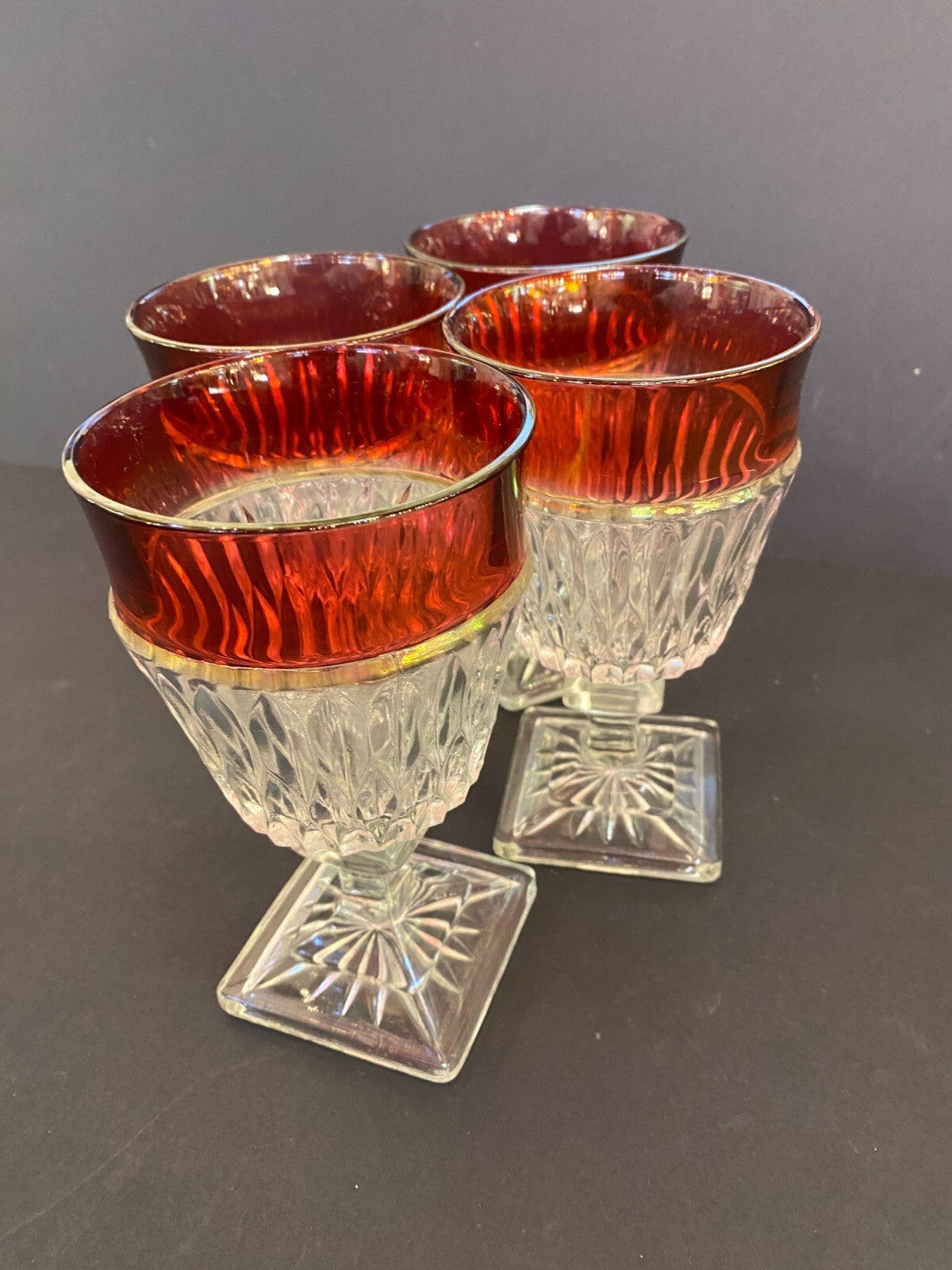 Vintage  Ruby Red Rimmed Set Of 4 Goblet Clear Cut Glass Square Base