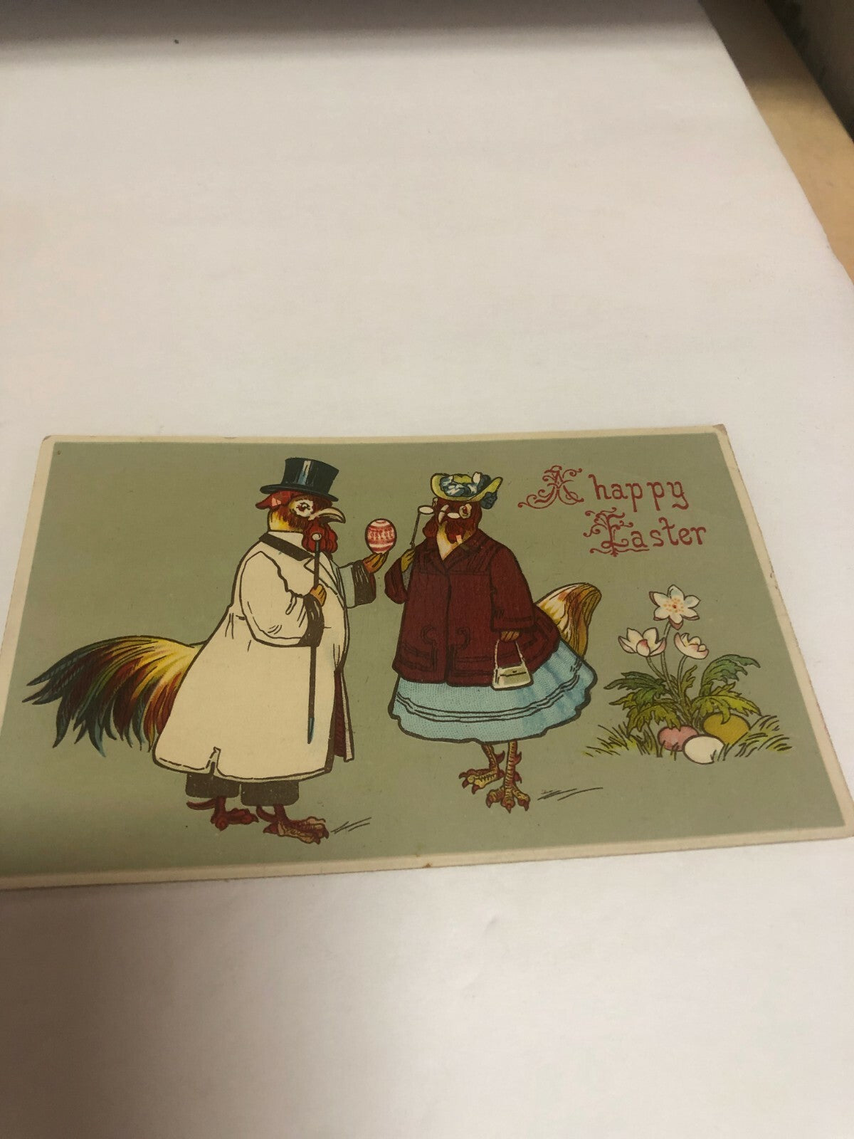 1911 Fancy Dressed Rooster & Hen Easter Gel Finish vintage Postcard