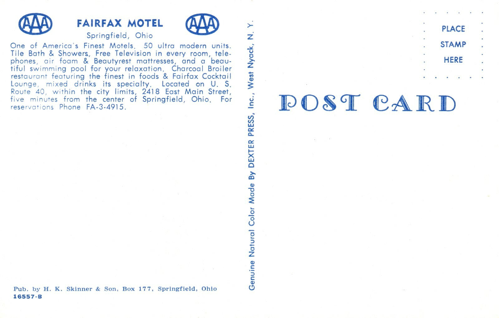 Fairfax Motel and Cocktail Lounge US Route 40  Springfield OH Ohio Postcard