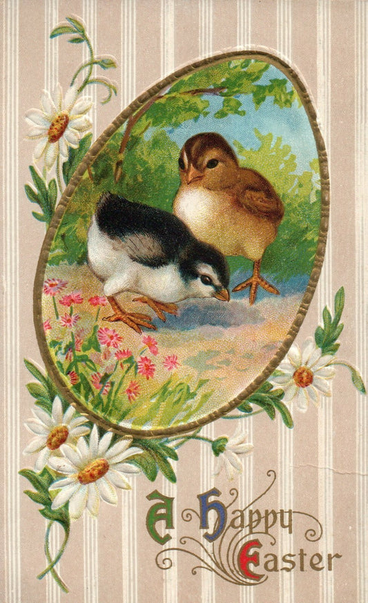 Gold Gilt Chicks Wondering By Flowers Joyful Easter Greetings Postcard