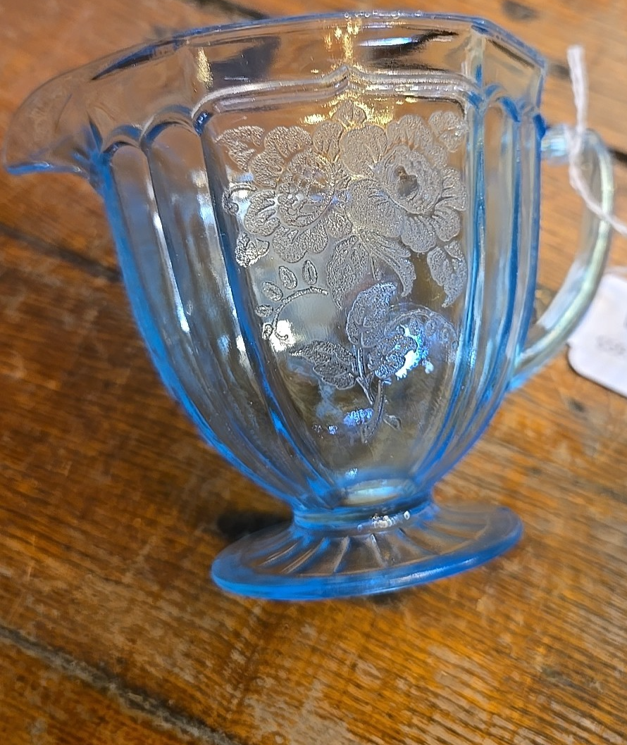 Anchor Hocking Blue Mayfair Open Rose depression glass Footed Creamer & Sugar