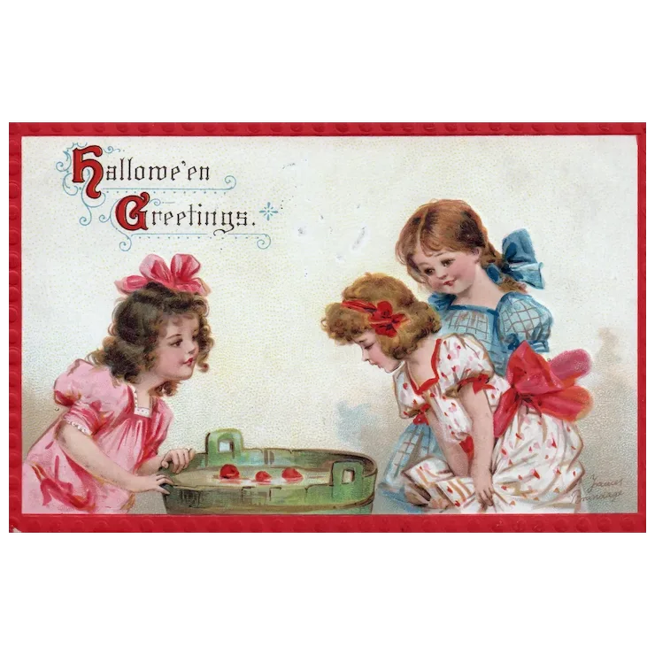 Halloween Greetings Three Little Girls Bobbing For Apples Gibson Series 120