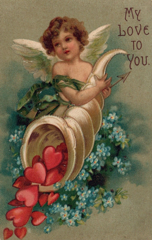 Angel with Cornucopia Filled with Hearts and Flowers Valentine's Day Postcard