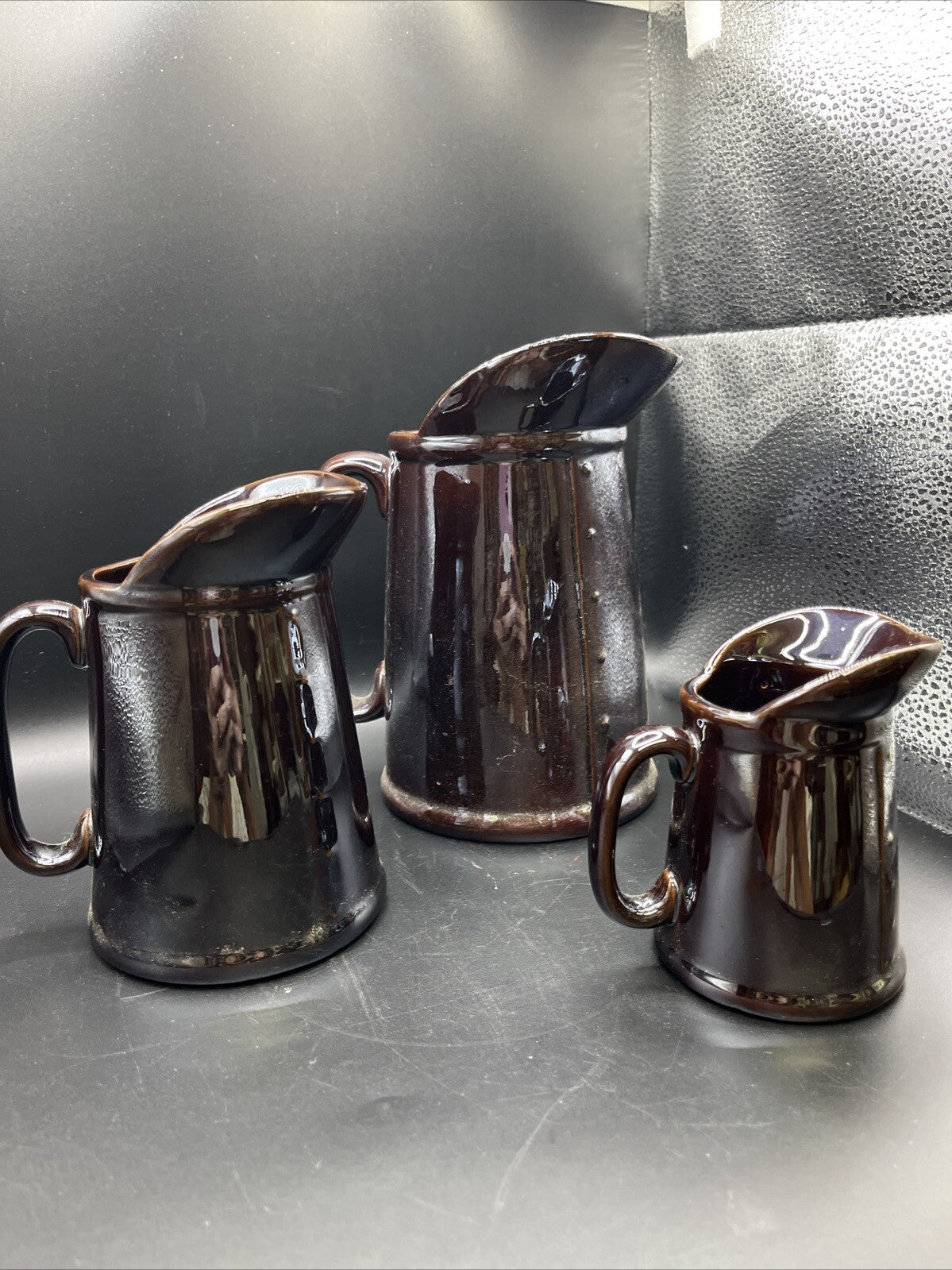 Unbranded Pair Iridescent Brown Hand Painted Embossed Rooster Pottery Pitchers