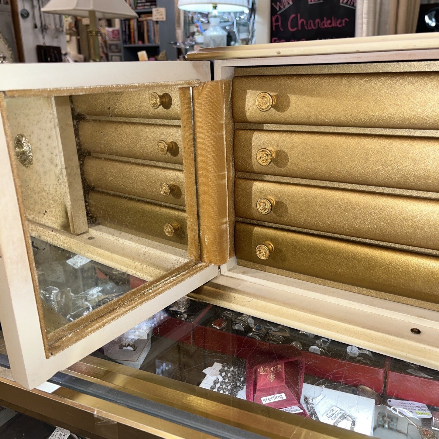 RARE VTG Gold Hollywood Regency Style Mirrors,4 Drawer Velvet lined Jewelry Box