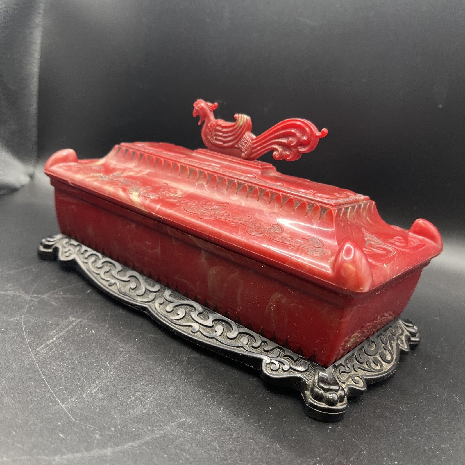 1940s Vintage Asian Red Dragon Celluloid Trinket Jewelry Box 