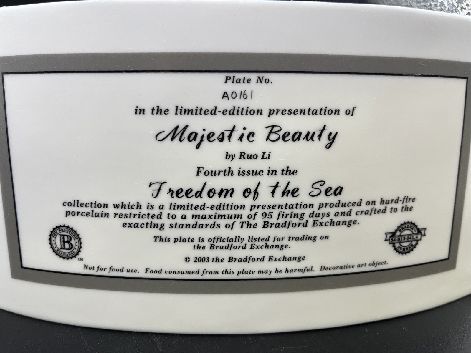 Bradford Majestic Beauty Freedom of The Sea Horse Plate Ltd Ed A0161