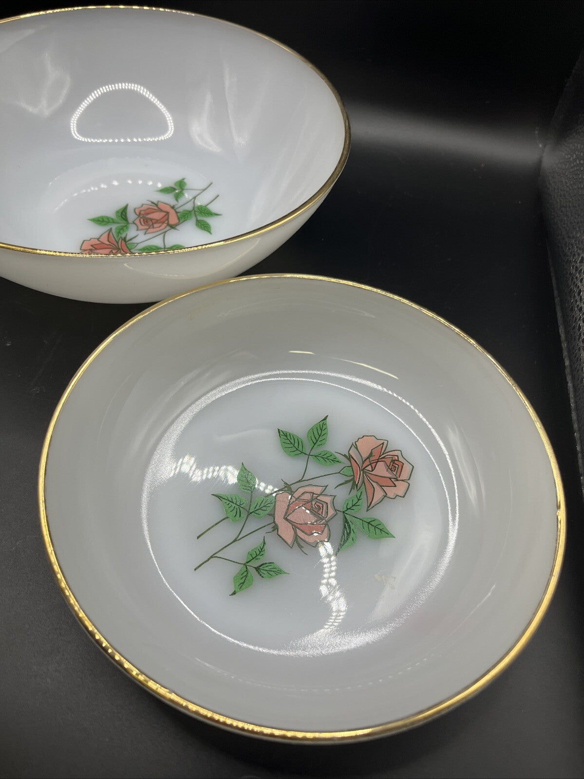 2-VINTAGE Fire King Pink  "ANNIVERSARY ROSE" Round Vegetable Bowls