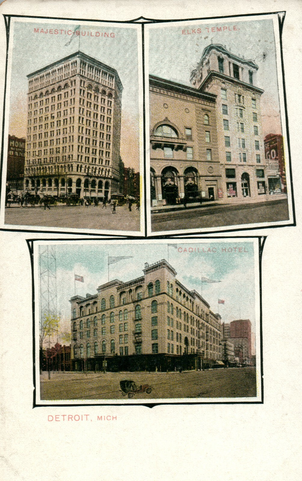 Early 3 View Elks Temple Majstic & Cadillac Hotel  Detroit Michigan MI Postcard