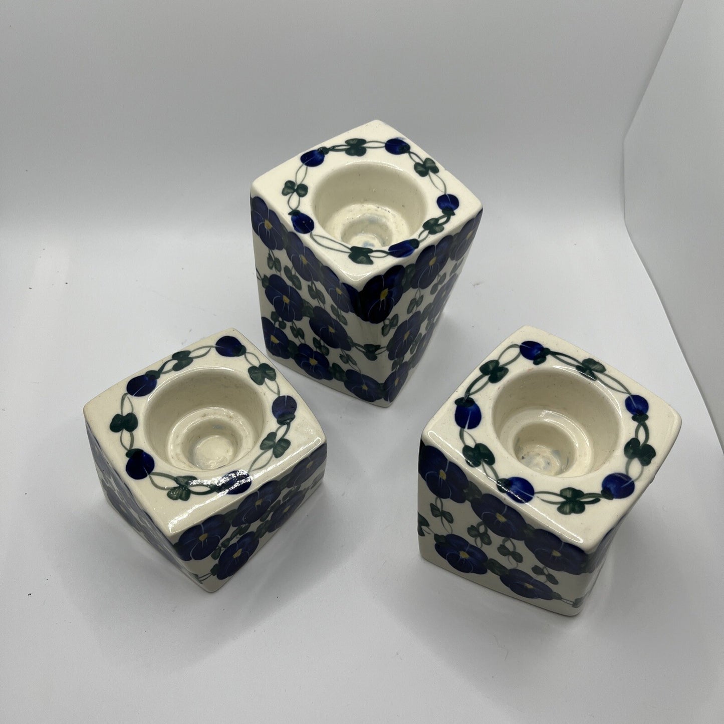 Polish Pottery Candle Holders Wild Blueberry Artistic Ceramics Set Of 3