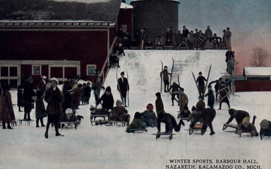 RARE Sledding & Sliding at Barbour Hall Kalamazoo MI Mich Michigan Postcard