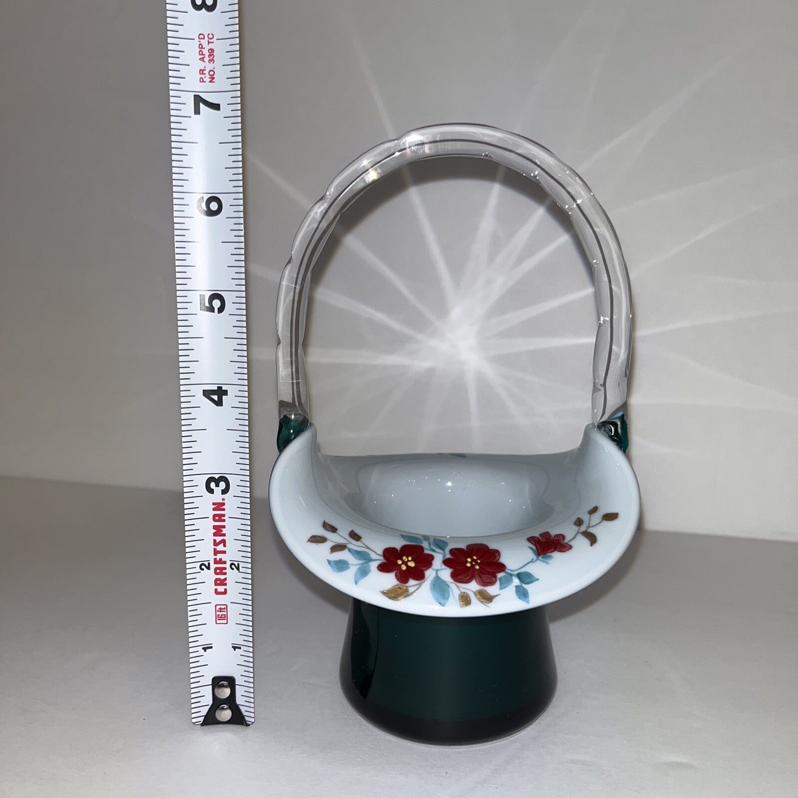 FENTON VINTAGE HAND PAINTED WILD ROSES ON TEAL OVERLAY TOP HAT BASKET LIM. ED.