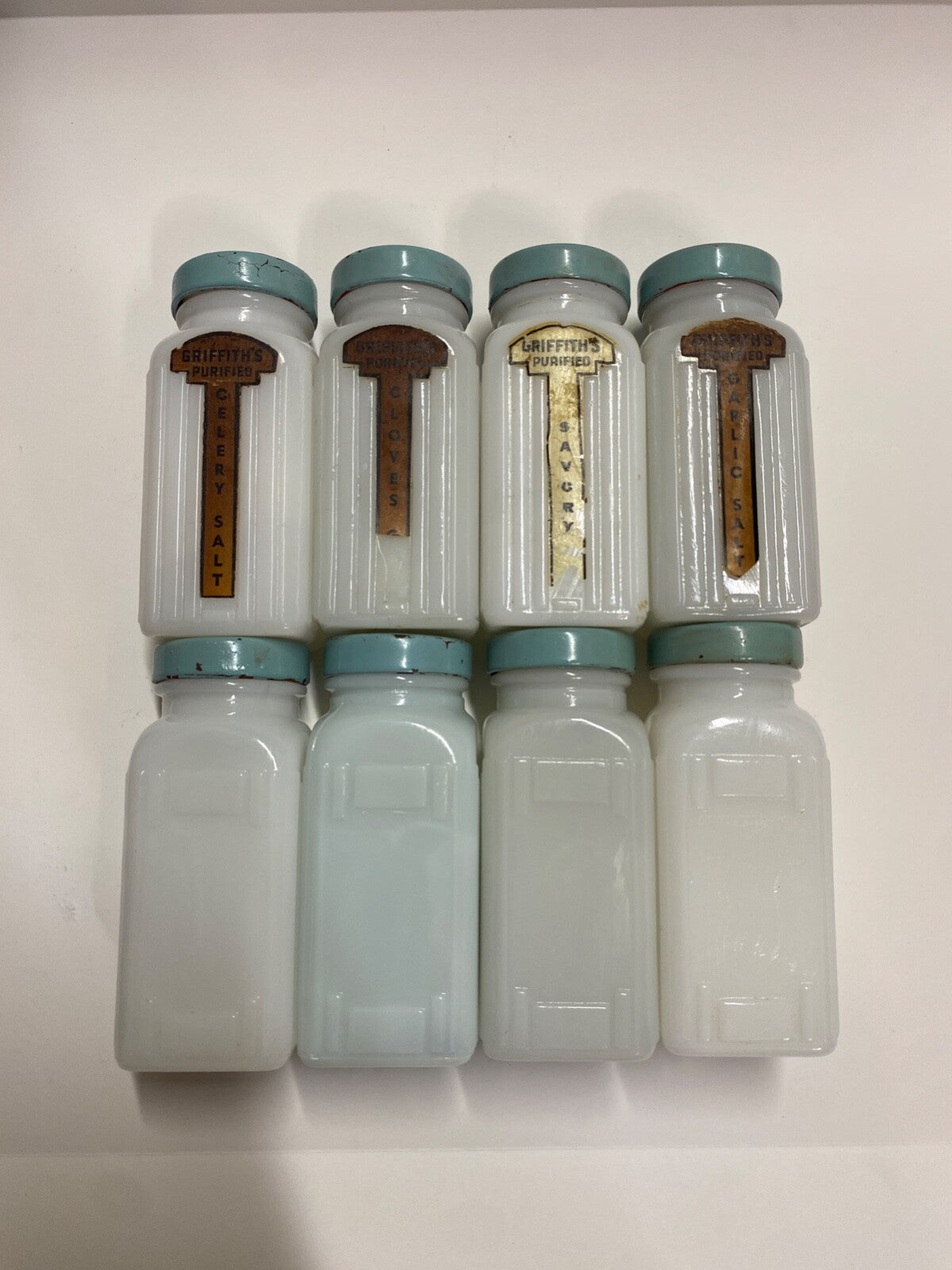 Vintage Griffith's Mid-Century Milk Glass Spice Jar Set of 8 Sage Blue/Green Lid