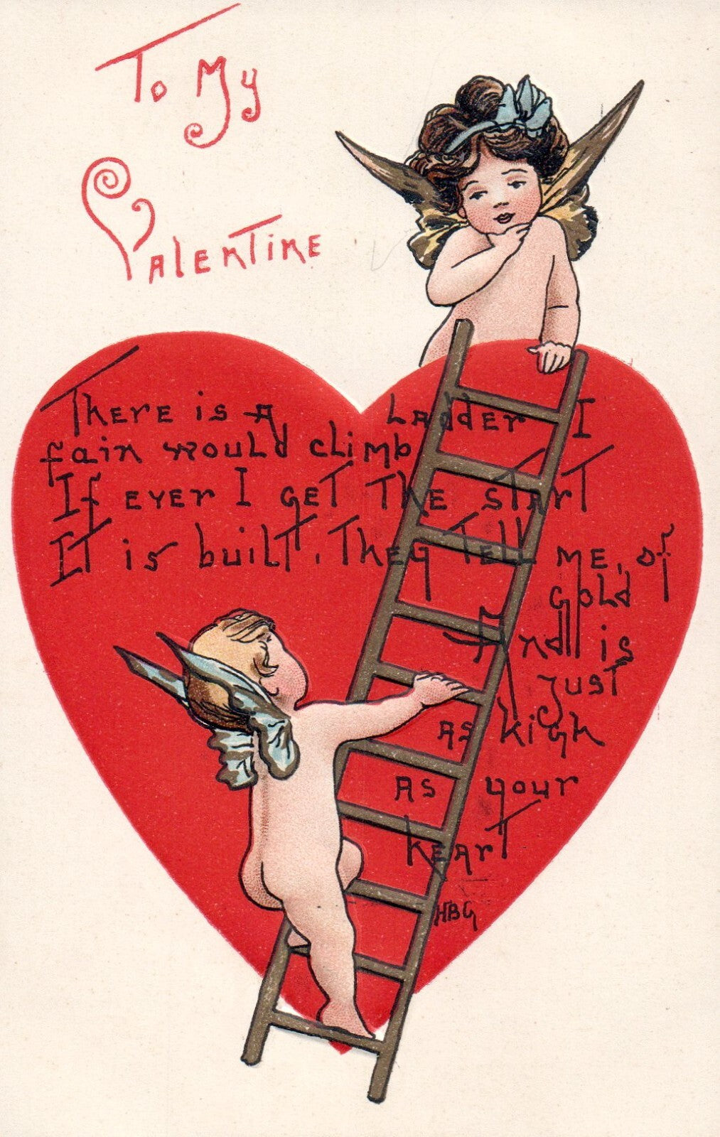 Postcard Valentine Cupid Climbing Ladder inside heart L&E Serie 2219