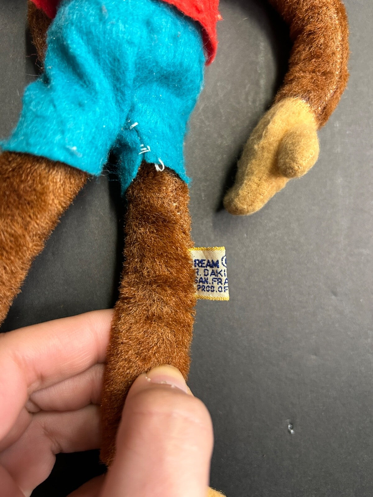 Vintage Dream Pets R Dakin Brown Plush MONKEY Toy Red Shirt Blue Pants Japan