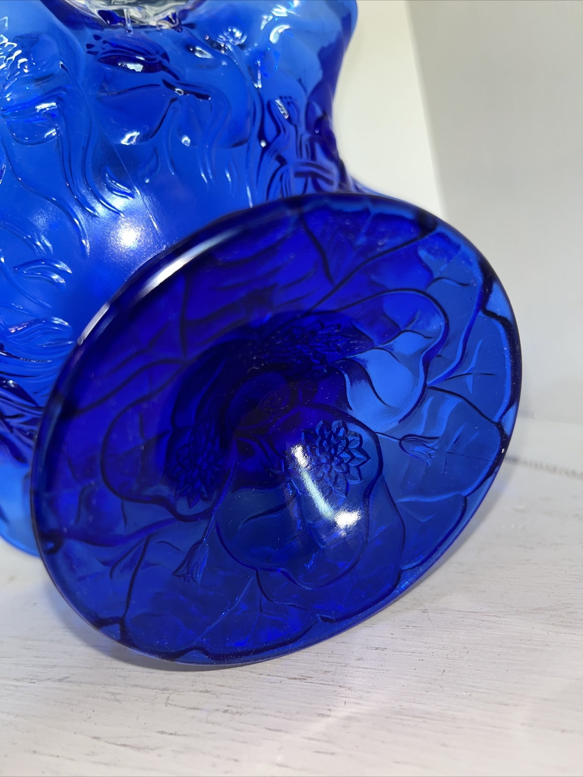  Fenton 95th Cobalt Blue Clear Handle embossed design basket with sticker