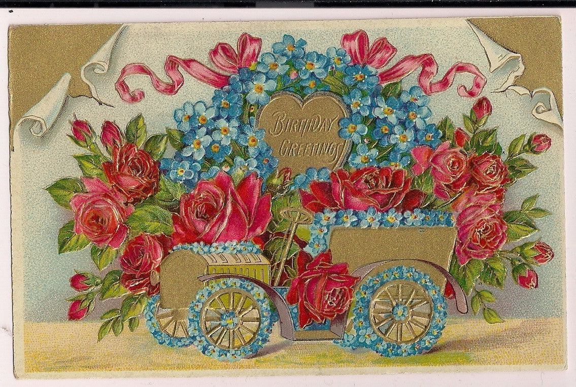 AMB Vintage Car Filled with Roses Floral Flowers Greeting Postcard