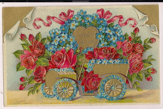 AMB Vintage Car Filled with Roses Floral Flowers Greeting Postcard