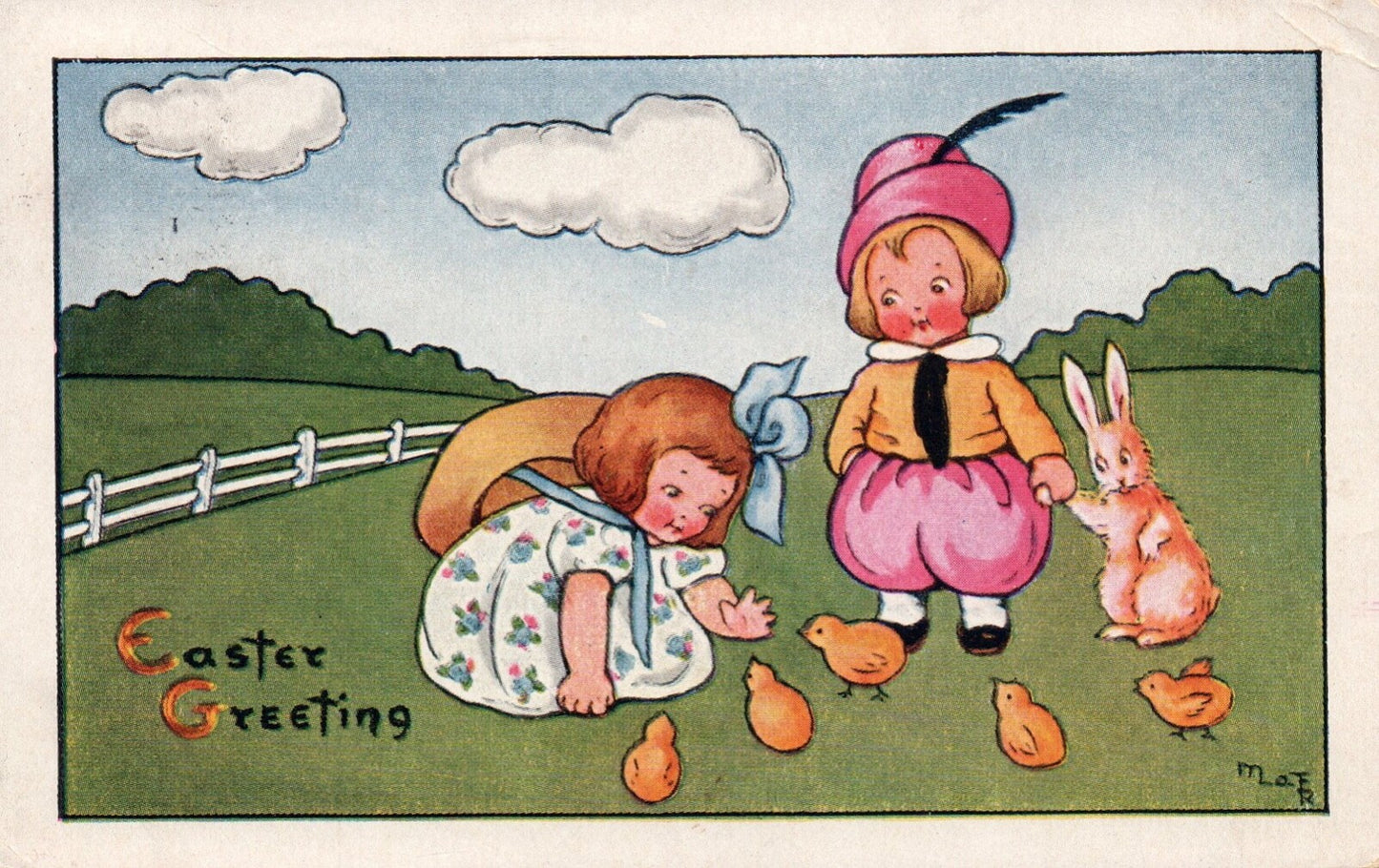 Easter Greetings Children With Bunny &  Chicks Vintage Easter Postcard
