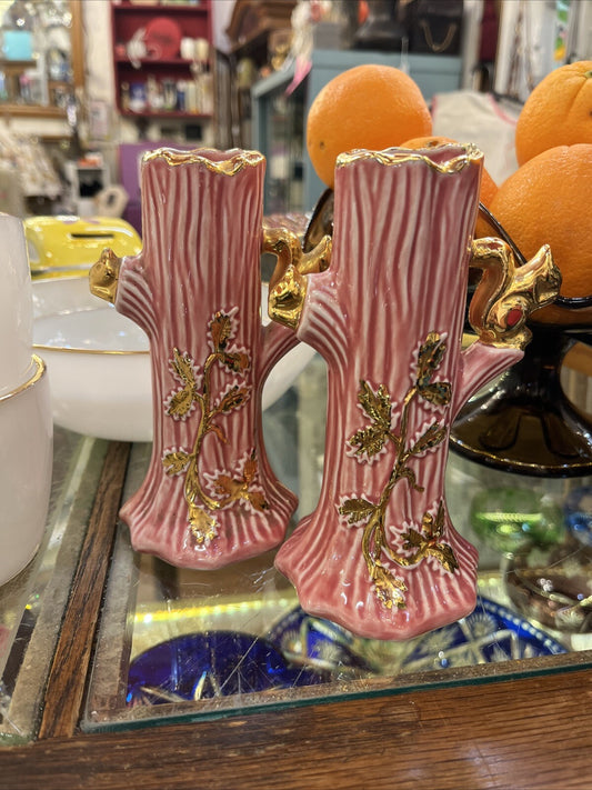 Vintage Pair Pink 22K Gold Holley Ross Squirrels in Tree Trunk Bud Vase 6" Tall