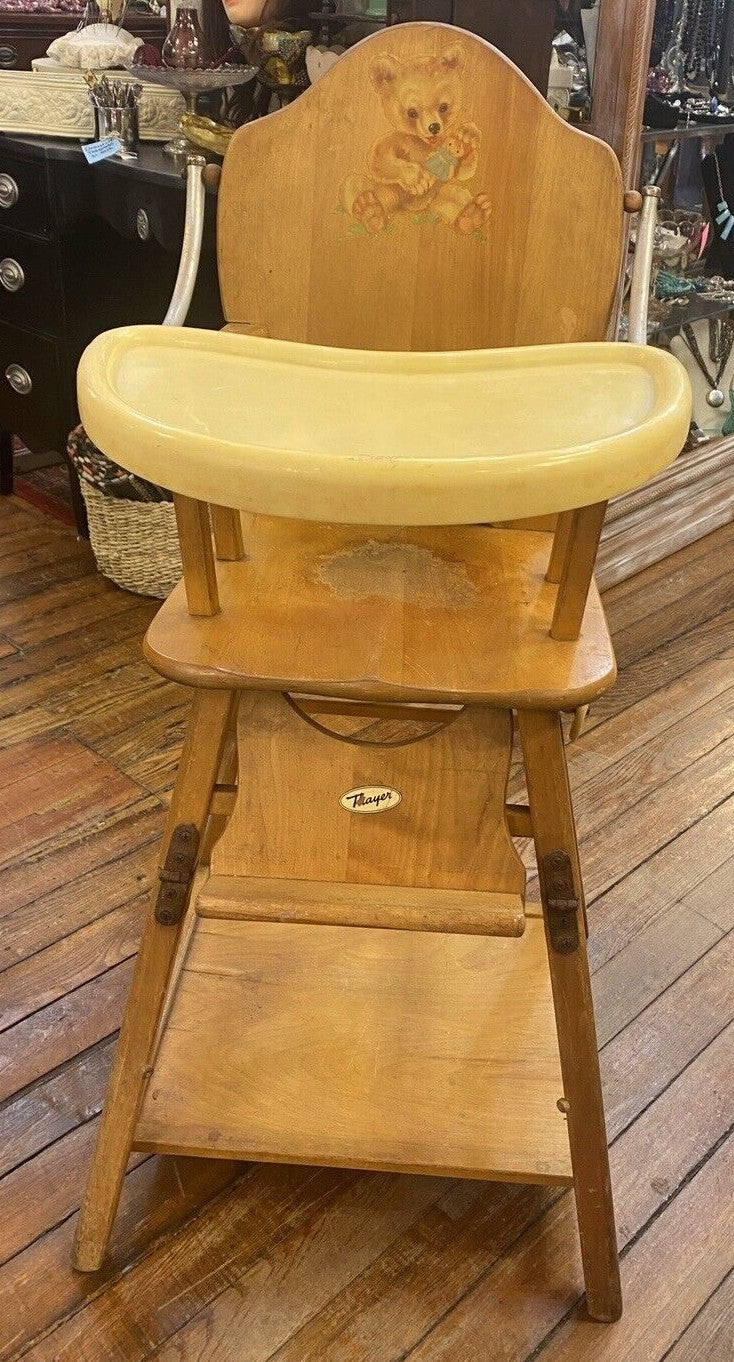 Antique Thayer High Chair Convertible To Play Chair  With Bear  Print Solid Wood