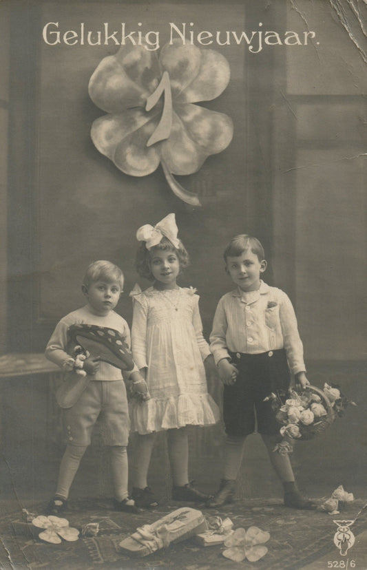 Black White Photo Children Holding Hands Flowers 4 Leaf Clover New Year Postcard