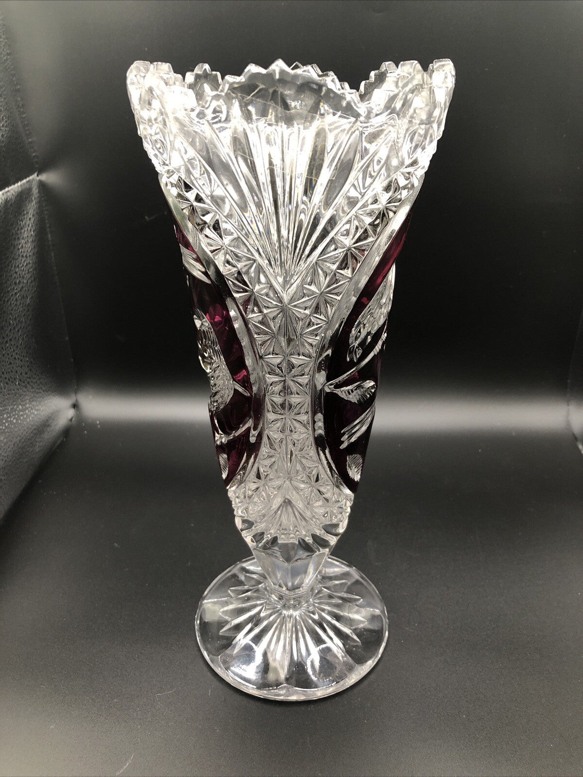 Vintage 1970'S Hofbauer Byrdes Lead Crystal Vase Cut to Clear Red Birds 10.5"