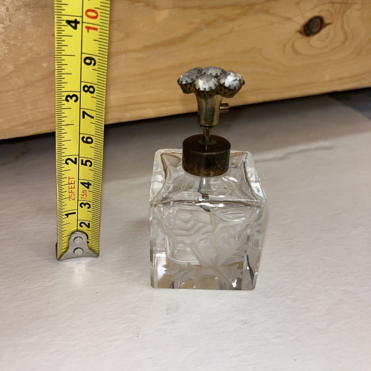 Perfume Bottle Vintage Art Glass, Floral Cut Glass Top, West Germany