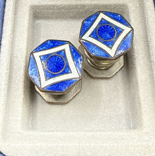 1930's Vintage Cobalt Blue Enamel French Cufflinks pair Patent mark Cuff Links