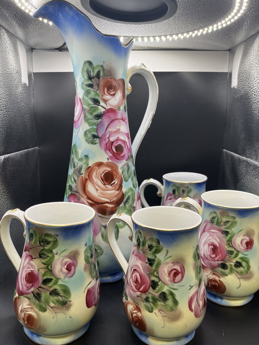 Limoges Fleur De Lis Mark Chocolate Pot and Cups. 5 Piece Set