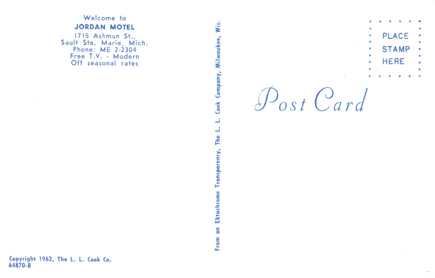 Jordan Motel 1715 Ashmun St Sault Ste Marie MI Michigan Mich Postcard