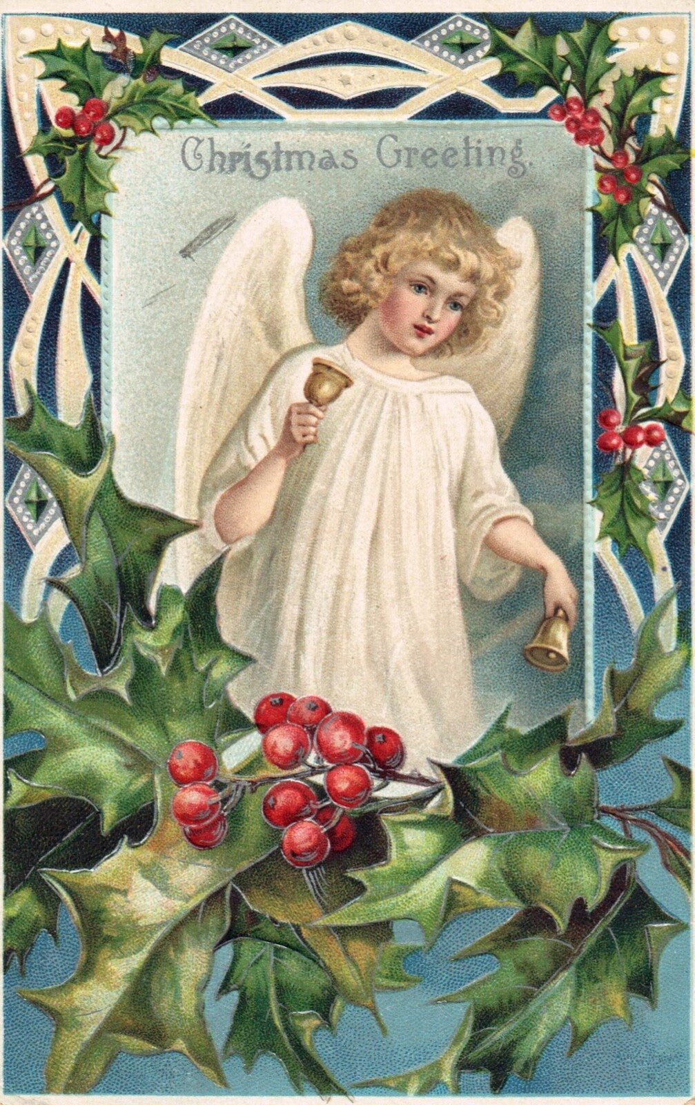 Christmas Greetings Angel with Bells and Holly Angel Christmas Postcard