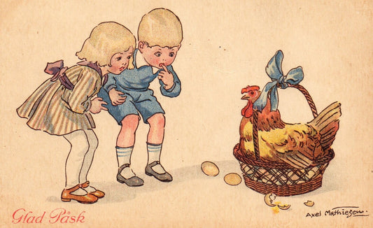 Glad Pask  Axel Mathiesen Sweden Artist Boy Girl Hen Easter Postcard