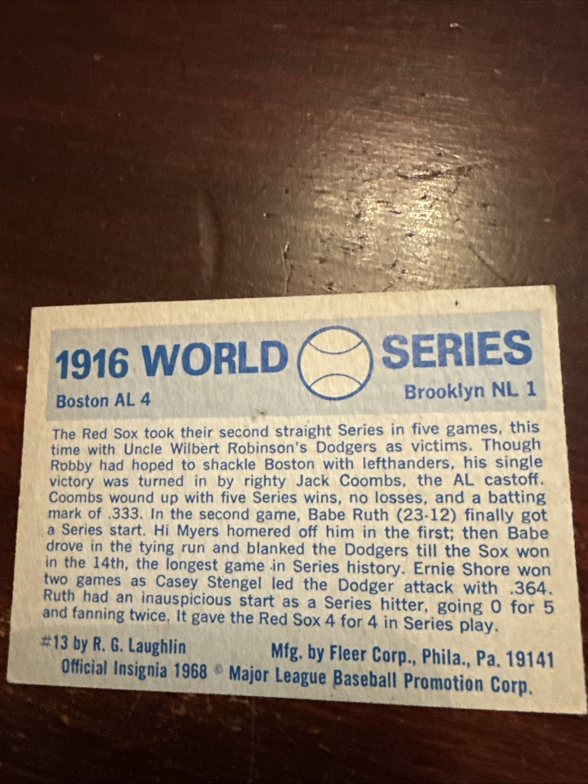 1968 Fleer Dodgers Vs Sox 1916 World Series Babe Ruth  Baseball Card longest