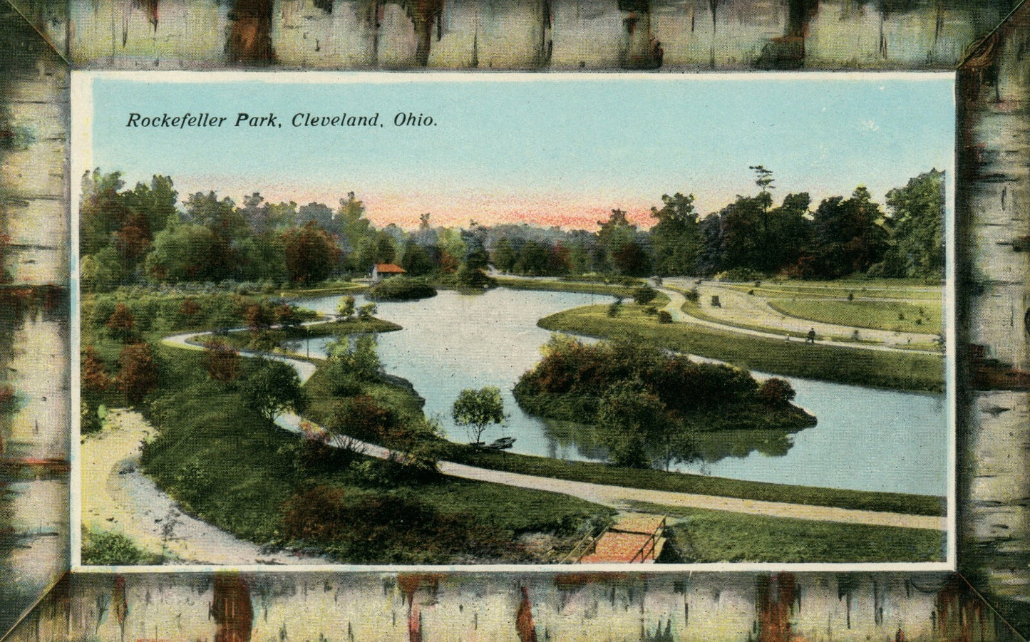 Rockefeller Park Cleveland Sunset  Wood Border OH Ohio Postcard